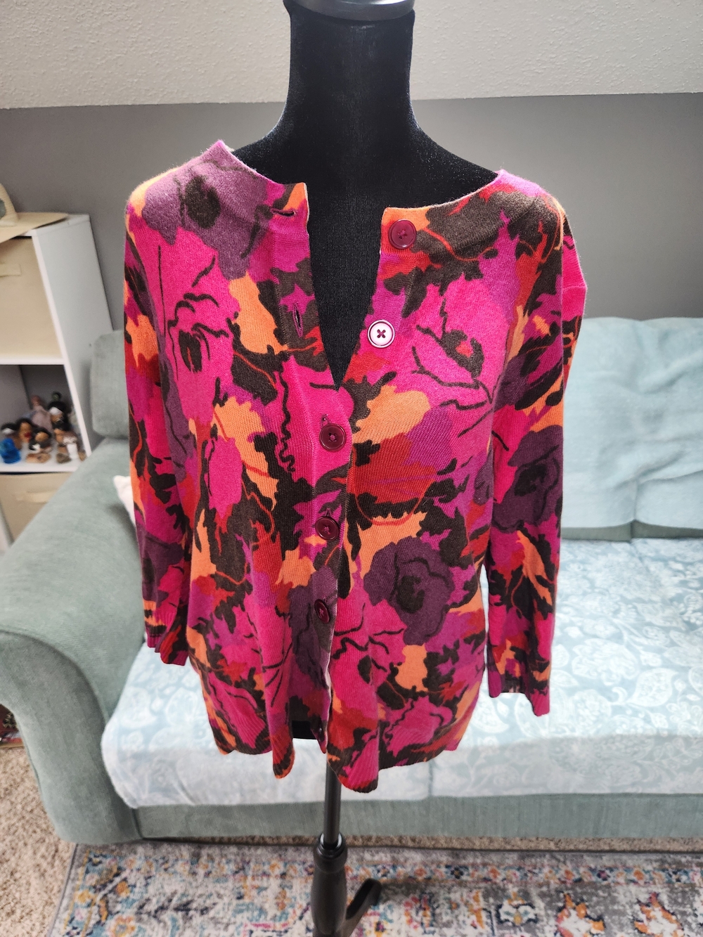 Talbots Pink and Red Floral Cashmere Sweater Petite Large Cardigan Style